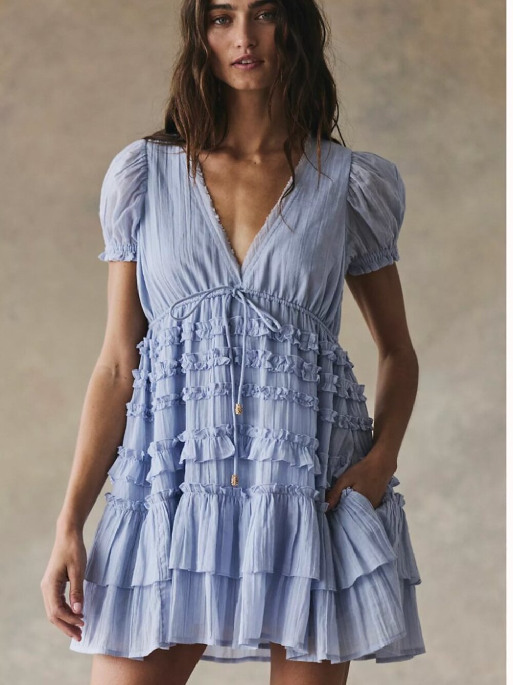 Free-Est by Free People Darcy Light Blue Ruffle Tiered Mini Dress Small